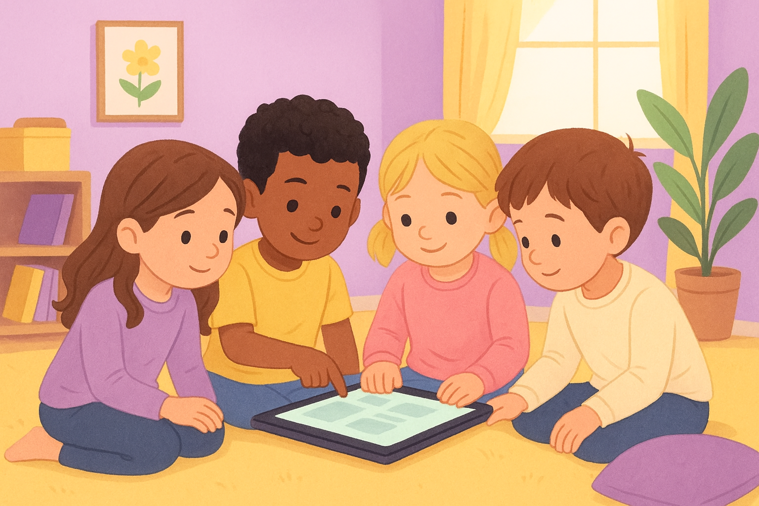 Happy kids coding together on laptops in a cozy classroom